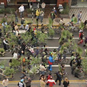 Participants in Lucia Monge’s Plantón Móvil walking through Lima